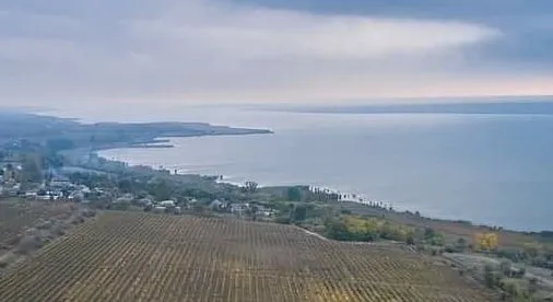 Photo of vineyards of Villa Tinta in foreground with Lake Yalpuh in the background.