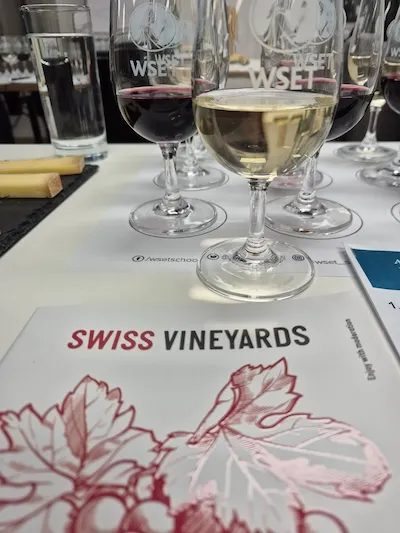 Photo of WSET-branded tasting glasses with white and red wine, with a booklet about "Swiss Vineyards" in the foreground and two slices of cheese in the background.