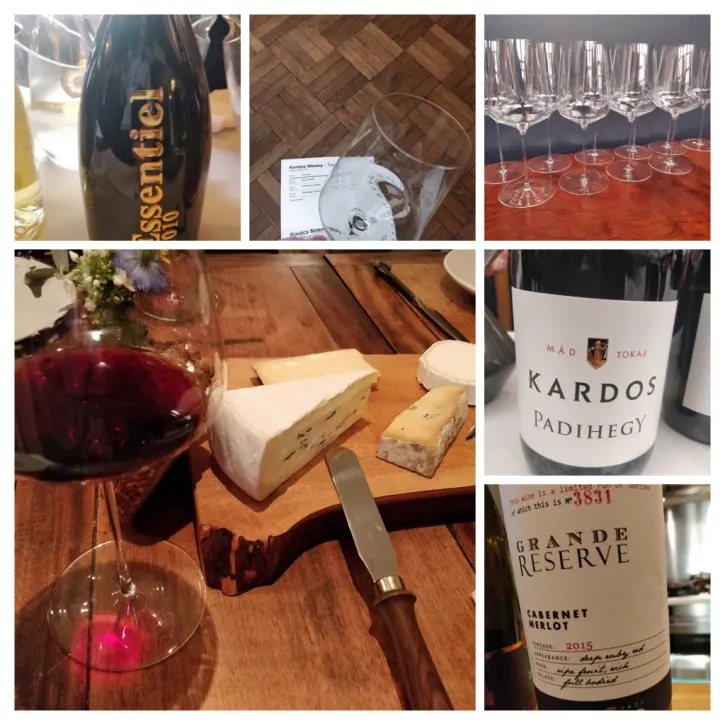 Collage of wine bottles, glasses and cheeses.