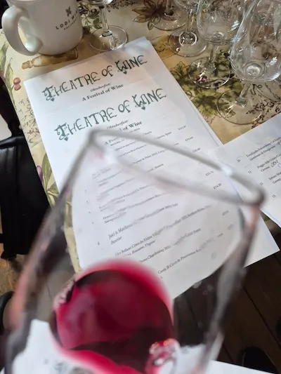 A tasting glass with a sip of red wine hel sideways over the list of wines for this tasting.