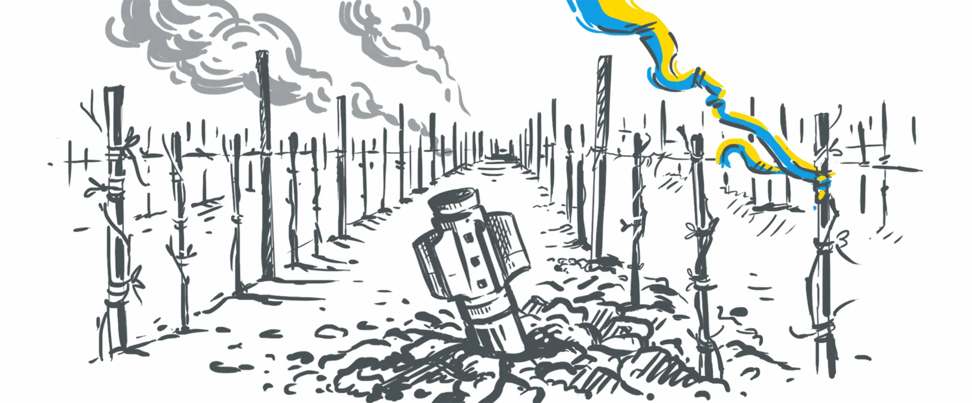 Illustration from Wines of Ukraine website showing a rocket landing in a vineyard.